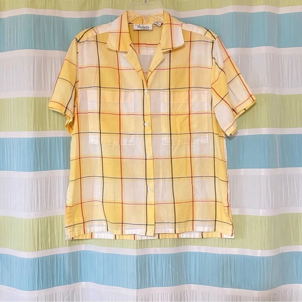 Vintage Plaid Button Down Short Sleeve Blouse Sz 10